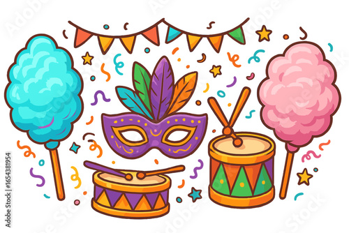 Carnival festival collection with mask, drums, and cotton candy. Colorful vector cartoon elements for party celebration. Fun fair icons set with confetti and flags illustration.