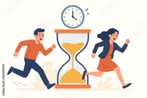 Deadline concept. Man and woman running out of time. Stressed business people rushing with hourglass and clock. Time management, pressure, urgency, project work metaphor. Flat vector.