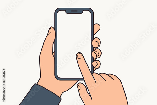 Hand holding mobile phone and finger touching blank screen. Smartphone mockup vector illustration. Cellphone template for app or UI design presentation. Flat design concept.