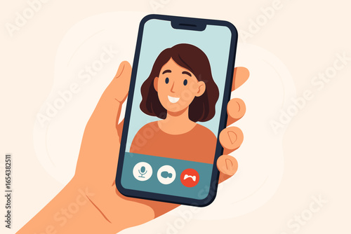 Video chat concept with hand holding a smartphone showing a woman on the screen. Remote meeting, online call, virtual communication, staying connected. Cartoon vector illustration.