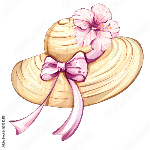 Stylish summer straw hat adorned with a pink bow and a delicate flower, perfect for beach vacations and festive outdoor gatherings during warm sunny days