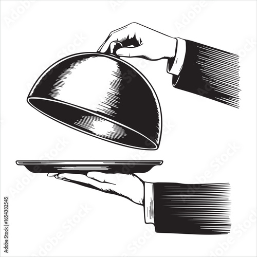 Waiter unveiling a dish with a silver cloche