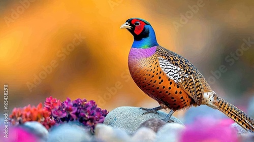 Vibrant pheasant perched on rocks, surrounded by flowers