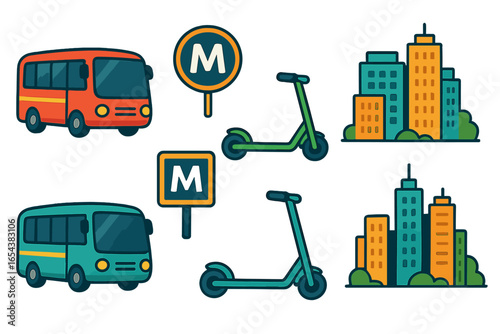 Urban transport icon set. Collection of city life elements. Bus, electric scooter, metro station sign, buildings. Public transportation concept. Flat vector cartoon illustration.
