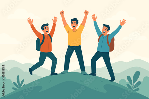 Concept of teamwork and success. Three happy friends cheering on a mountain top. Men celebrating reaching a goal. Winning team on a journey. Victory and achievement vector.