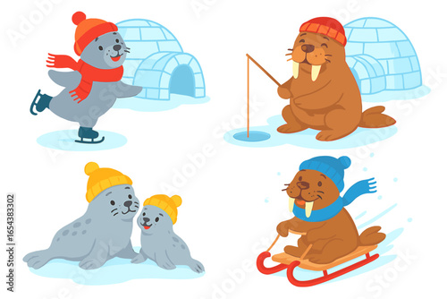Set of cute arctic animals. Cartoon seal and walrus characters ice skating, sledding, and fishing. Winter wildlife vector illustration collection with igloo and snow.