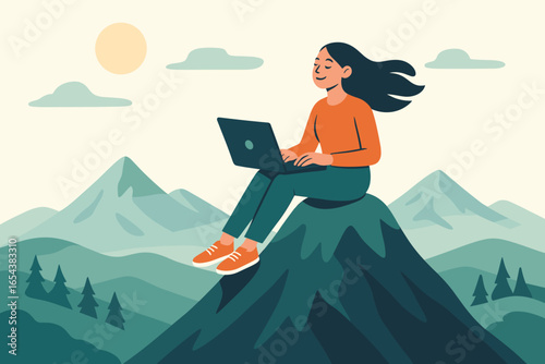 Remote work and work freedom concept. Woman with laptop on a mountain top. Digital nomad lifestyle. Freelancer enjoying peace and quiet in nature. Flat vector illustration.