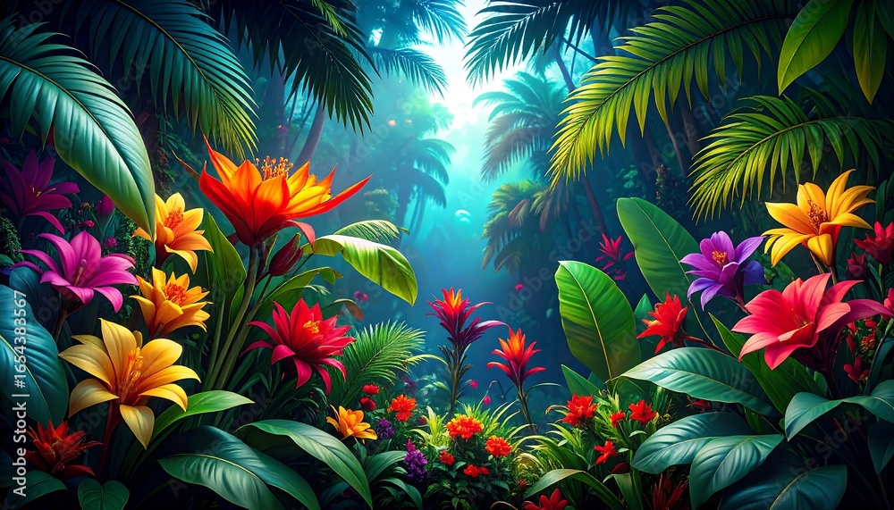 Naklejka premium Vibrant tropical flowers and lush foliage in a dense jungle.