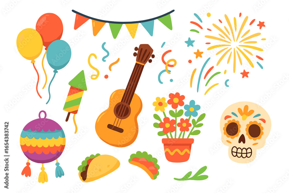 Fototapeta premium Set of Mexican party elements for Cinco de Mayo. Dia de los Muertos celebration icons. Vector cartoon collection with guitar, sugar skull, piñata, taco, and fireworks.