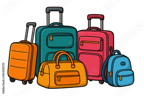 Colorful assortment of travel luggage, suitcases, and bags. Vector cartoon illustration for vacation, journey, or packing concepts. Collection of baggage isolated on white.