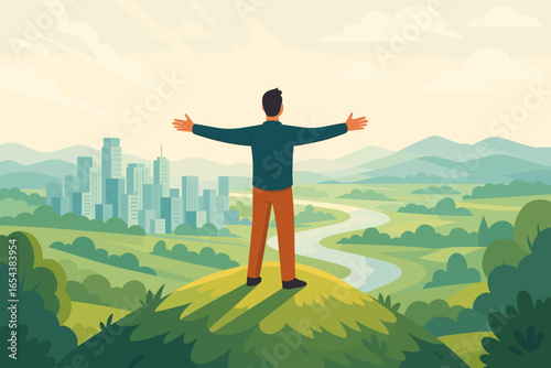 Man on hilltop with open arms looks at the future. World of opportunities concept. Aspiration, motivation and hope. Beautiful view over city, nature and landscape vector.