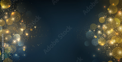 Shiny Festive Background. Abstract Gold Glitter Background. Bokeh and Confetti Design Element for Merry Christmas and Happy New Year Banner, Poster, Website Congratulations. Holiday Party BG.