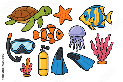Set of scuba diving and marine life cartoon icons. Collection of cute underwater animals like turtle, fish, jellyfish and diver equipment mask, flippers, aqualung vector elements.