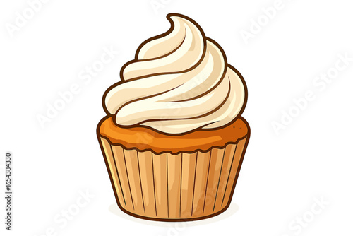Delicious cupcake vector illustration. Sweet muffin with creamy vanilla frosting. Cartoon icon for bakery, cafe menu, or party invitation. Isolated dessert pastry graphic design.