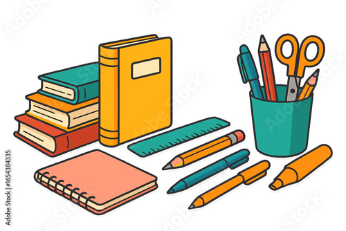 School supplies vector set. Back to school concept. Education, study, learning. Office stationery icons. Book, notebook, pen, pencil, ruler, scissors. Cartoon illustration.