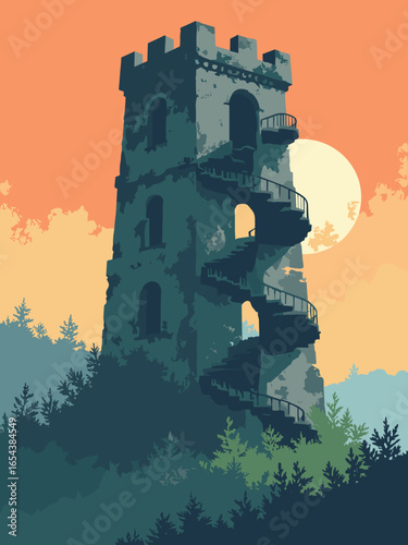 Time spiral staircase in an abandoned tower, palette: stone gray, shadow black, moss green, sunset orange