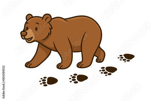 Cute brown bear walking with paw prints. Cartoon grizzly character with tracks. Forest wildlife, animal tracking, nature observation concept. Vector illustration for kids.