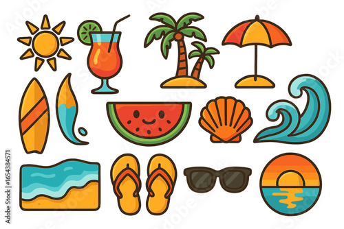 Summer beach icon set. Colorful cartoon vector collection of tropical vacation elements. Sun, palm tree, surfboard, cocktail, wave, and sunset illustrations for holiday design.