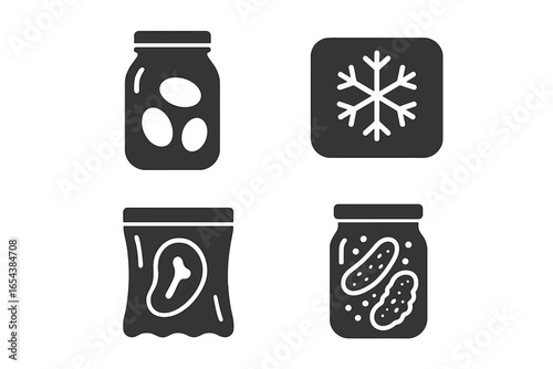 Food preservation solid glyph icons set. Canning, freezing, pickling, vacuum sealing methods. Mason jar, freezer symbol, vacuum bag, pickled cucumbers vector illustration.