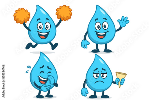 Water drop mascot vector character set. Cute cartoon droplet collection with various emotions. Cheerful, waving, laughing, and sad. Hydration and dehydration concept design.