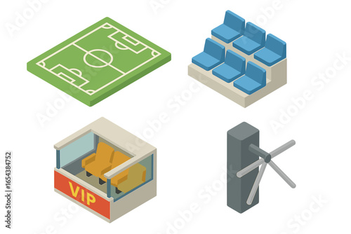 Football stadium icon set. Isometric vector illustration. Soccer field, pitch. Spectator seating, bleachers. VIP box lounge. Turnstile gate entrance. Sports arena elements.