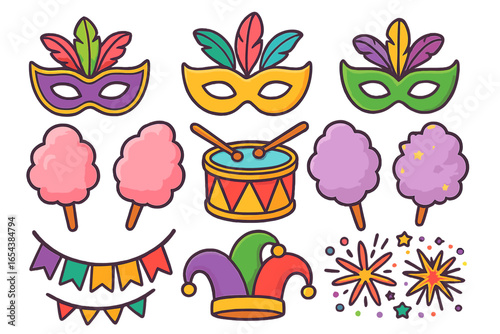 Colorful carnival icon set for celebration and party. Vector elements: masquerade mask, cotton candy, drum, jester hat, bunting, and fireworks for festive holiday design concept.
