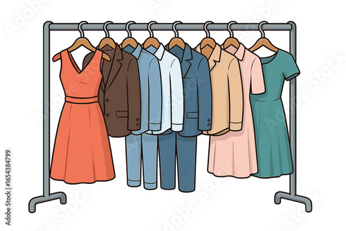 Clothing rack with garments on hangers. Fashion retail display. Wardrobe with suits, dresses, shirts. Men and women apparel collection. Shopping, boutique, store concept.