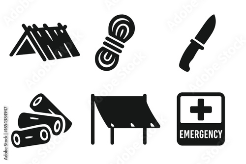 Forest survival icon set. Solid glyphs of bushcraft and camping gear. Lean-to shelter, rope, knife, firewood, tarp, and emergency first aid kit. Vector pictogram.