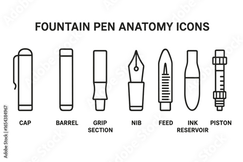Fountain pen anatomy icon set. Outline vector illustration of disassembled pen parts. Infographic showing cap, barrel, grip, nib, feed, ink reservoir and piston components.