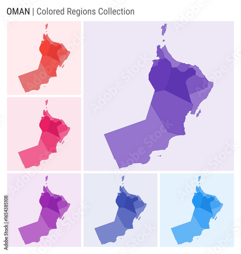 Oman map collection. Country shape with colored regions. Deep Purple, Red, Pink, Purple, Indigo, Blue color palettes. Border of Oman with provinces for your infographic. Vector illustration.