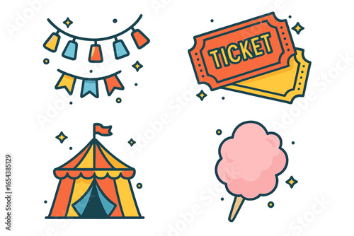 Carnival icon set with circus tent, admission tickets, cotton candy and festive garlands. Funfair or festival celebration concept. Vector cartoon illustration for amusement park.