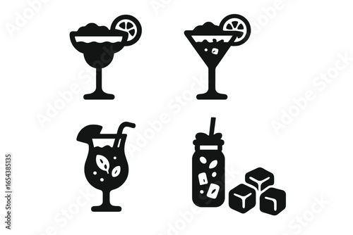 Frozen cocktail solid icon set. Summer drinks glyph collection. Margarita, daiquiri, mojito, and colada silhouette vector symbols. Bar menu or party beverage signs.
