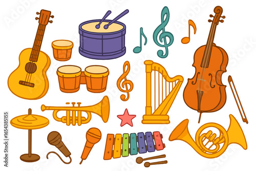 Musical instruments set vector cartoon illustration. Collection of colorful icons for kids music education. Guitar, drum, trumpet, cello, harp, microphone, xylophone symbols.