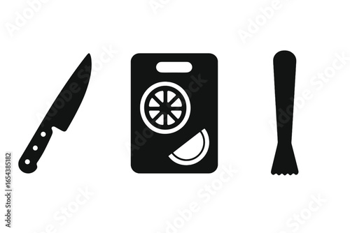 Cocktail making and fruit infusion tools icon set. Solid glyph vector icons of a knife, cutting board with citrus slice, and a muddler. Bar and kitchen utensil symbols.