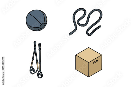 Functional training equipment icon set. Isometric vector illustration of gym workout tools. Medicine ball, battle rope, suspension trainer, and plyometric box for fitness design.