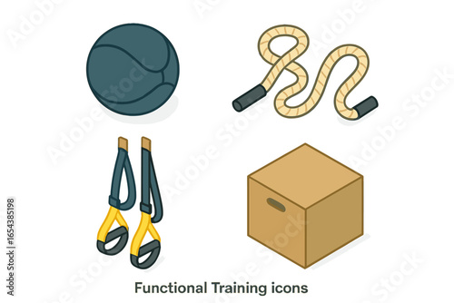 Isometric icons of functional training gear. Medicine ball, battle rope, suspension straps, plyometric box. Vector illustration set for fitness, crossfit, gym workout concepts.