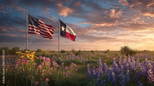 Flags wave over a flower-filled meadow at sunset, with warm sunlight and pretty clouds
