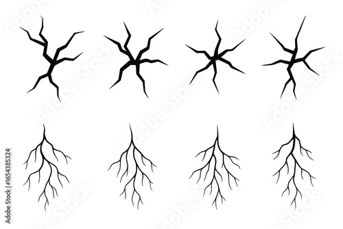 Vector collection of crack designs. Abstract ground fissures, broken glass patterns, and wall damage illustrations. Black line art set showing destruction, decay, surface splits.