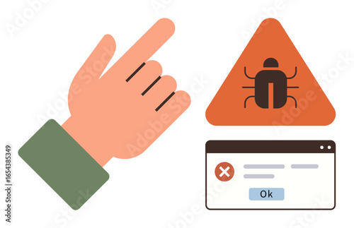 Hand gesture towards triangular warning sign with bug icon and browser error popup. Ideal for software debugging, error handling, web development, cybersecurity, troubleshooting, alerts, simple flat