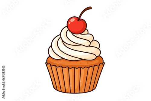 Cartoon cupcake with vanilla cream frosting and a cherry on top. Vector illustration of a sweet muffin dessert. Isolated pastry icon for bakery, party, or birthday design.