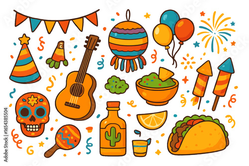 Cinco de Mayo mexican party element set. Vector cartoon illustration collection. Fiesta icon with guitar, taco, tequila, sugar skull, pinata, maraca, guacamole and flag.