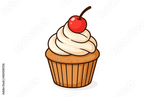 Cupcake vector illustration with creamy frosting and a cherry on top. Sweet dessert food icon for bakery or party. Cute cartoon pastry graphic isolated on white background.