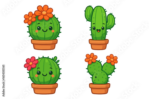Set of cute kawaii cactus characters in pots. Cartoon succulent plant with a happy face and flowers. Vector illustration collection for kids. Mascot icon bundle for nature design.
