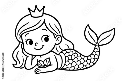 Cute smiling mermaid princess character with crown lying down. Black and white vector cartoon illustration for coloring book page. Fantasy sea creature outline for kids.