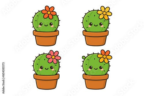 Cute cactus character set. Kawaii succulent with happy smiling face and flower in a pot. Cartoon vector illustration for kids, sticker design, gardening, and home decor concepts.