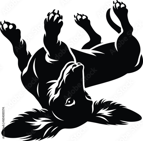 Playful Dachshund Lying Belly Up – Black and White Vector Illustration