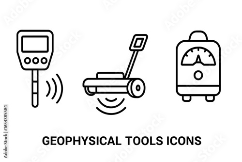 Geophysical tools icon set. Outline vector illustration of survey methods like magnetometer, GPR, and gravimeter for earth science, geology, and subsurface exploration.