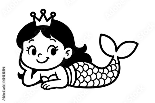 Cute smiling mermaid princess character lying down. Black and white vector cartoon illustration for coloring book. Fantasy sea creature with crown and fish tail icon design.