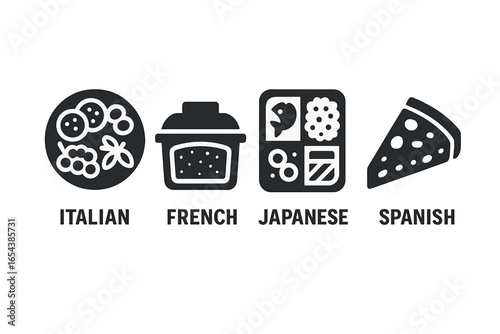 Global cuisine solid icon set. International food symbols. Italian antipasto, French terrine, Japanese bento box and Spanish food. Vector glyph pictogram illustration for web.