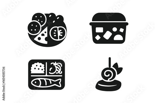 Global cuisine solid icons set. International food pictograms. Italian antipasto platter, Japanese bento box, French terrine, and lollipop candy. World gastronomy meal symbols.